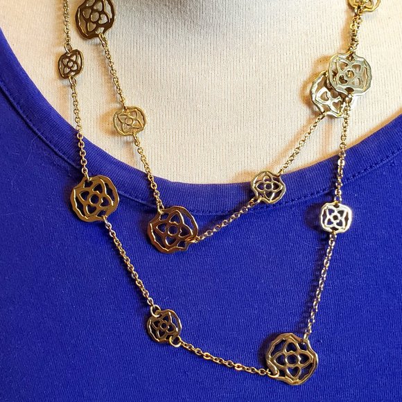 20" Gold Tone Layered Flower Theme Panel Necklace - Picture 1 of 5